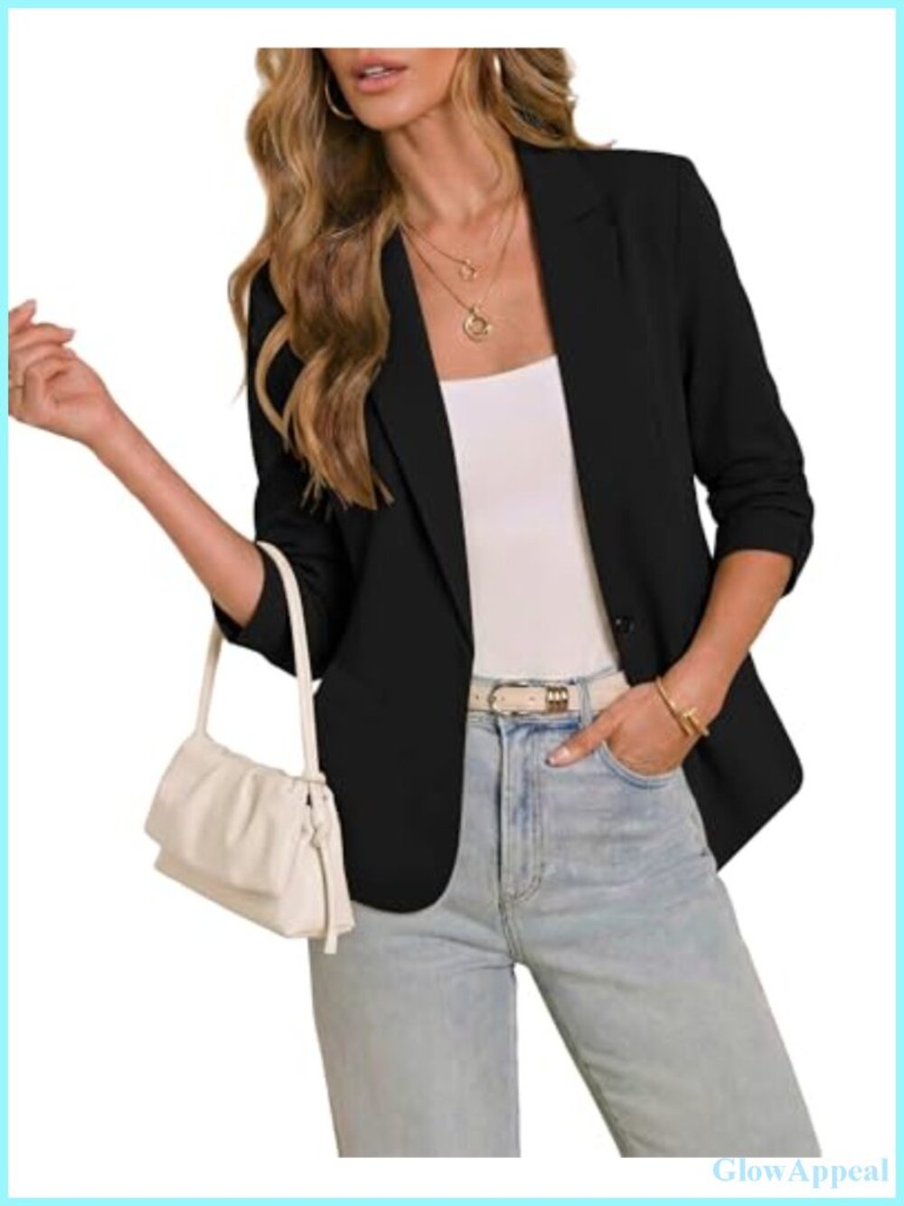 Women's 3/4 Sleeve Blazer Business Casual Button Up Jacket Lightweight